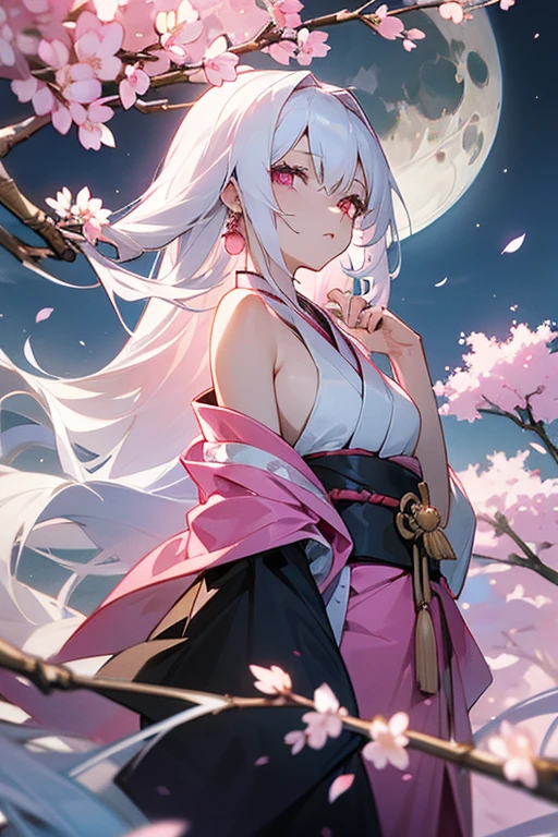 woman, long hair, white hair, pink eyes, wears a kimono, in her kimono on the left it hangs at the waist showing her shoulder, on her right arm she wears bracelets, scenery and a moon with cherry blossoms about her