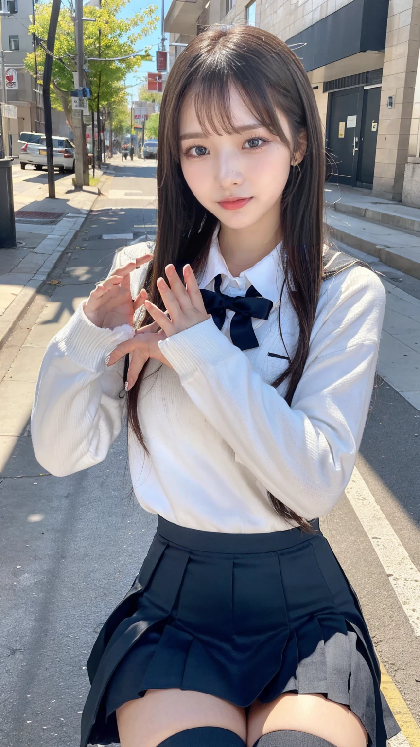 ((masterpiece, Highest quality)),Best aesthetics,One Girl, Sitting, school machinery, Black hair straight, Hotel district,Long Hair, View your audience, :p, Focus Only, Brown eyes, mini skirt, Long sleeve, 1 boy,Black Seraphim, Multiple Girls, Pleated skirt, Sailor collar, bangs,smile,,Knee-high socks,(Schoolyard),Wide legged pose,(double hands skirt lift:1.5),(panties:1.5)
