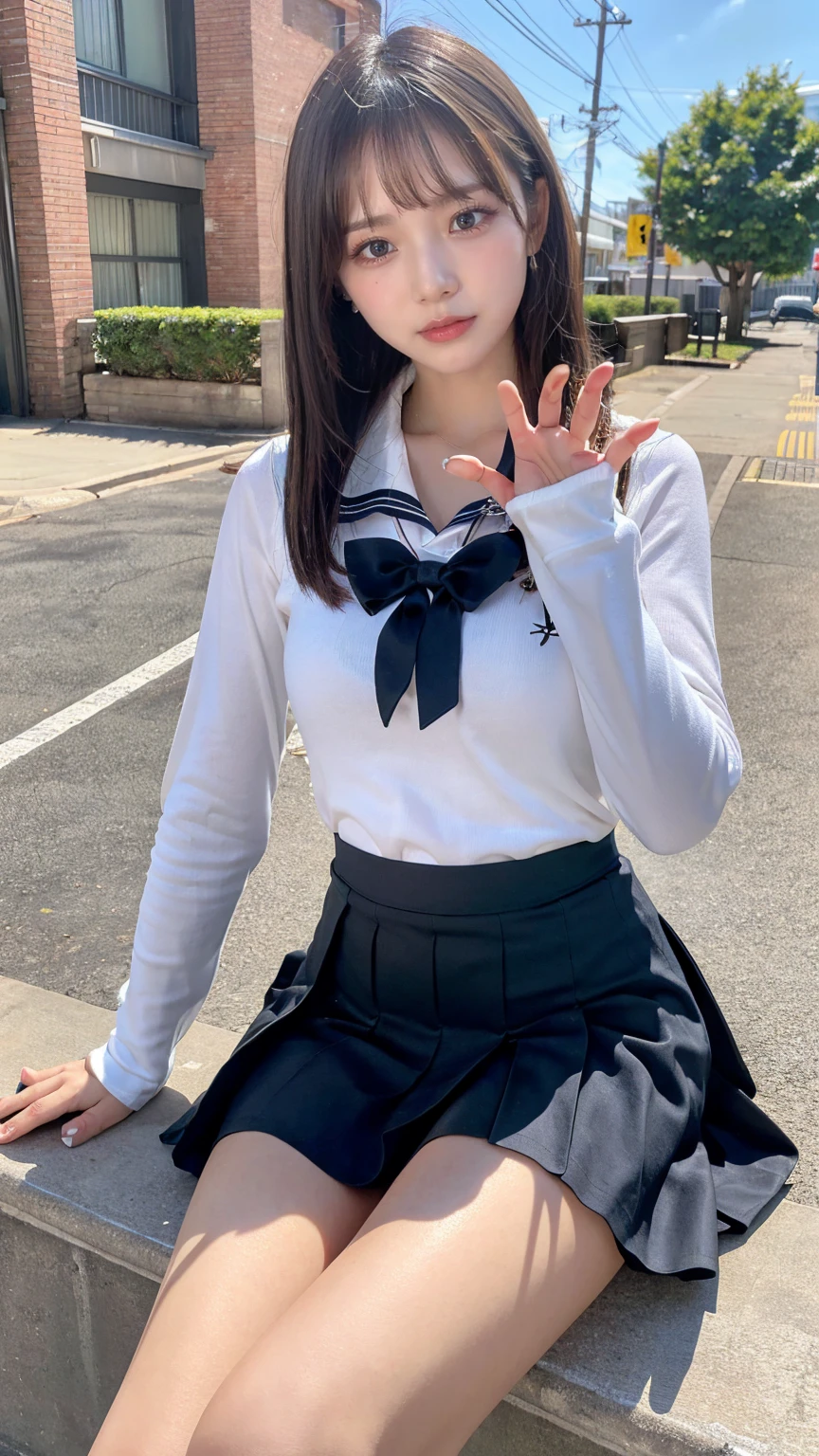 ((masterpiece, Highest quality)),Best aesthetics,One Girl, Sitting, school machinery, Black hair straight, Hotel district,Long Hair, View your audience, :p, Focus Only, Brown eyes, mini skirt, Long sleeve, 1 boy,Black Seraphim, Multiple Girls, Pleated skirt, Sailor collar, bangs,smile,,Knee-high socks,(Schoolyard),Wide legged pose,(double hands skirt lift:1.5),(panties:1.5)