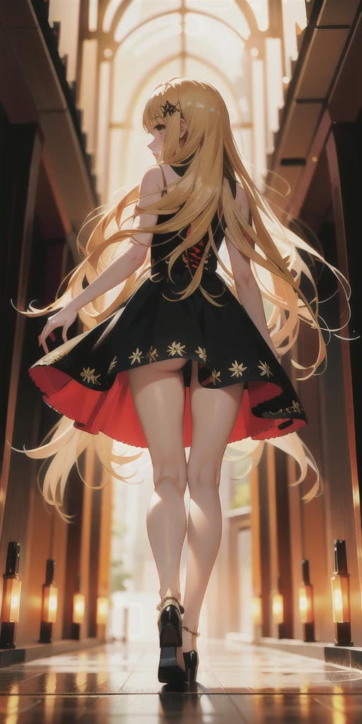 Highest quality, masterpiece, High resolution, One girl,Wearing a dress that reaches down to the knees,Ash gold hair々It is shining now,Hair down to the knees,Facing forward and walking towards the back,whole body,In a dark tunnel,The back is faintly shining