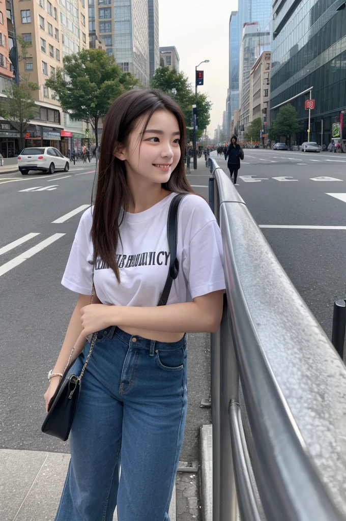 A beautiful 20-year-old with a well-proportioned D cup and a smartphone, bored in the city。Leaning against the fence、Looking this way and smiling