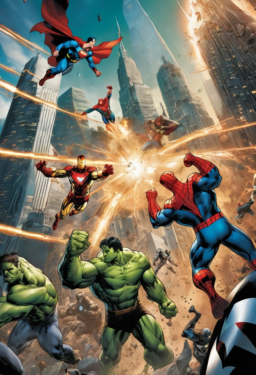 Create a dynamic and action-packed scene depicting an epic clash between the iconic superheroes of the Marvel and DC universes. Capture the intensity and power of their confrontation as they unleash their extraordinary abilities against one another.

Visual Elements:

Setting: A grand, futuristic cityscape serves as the backdrop for this epic battle. Towering skyscrapers and gleaming metallic structures provide a dramatic backdrop for the clashing heroes.

Characters:

Marvel Heroes: Iron Man, Captain America, Thor, Hulk, Spider-Man, Black Widow, and more.

DC Heroes: Superman, Batman, Wonder Woman, Green Lantern, Flash, Aquaman, and more.