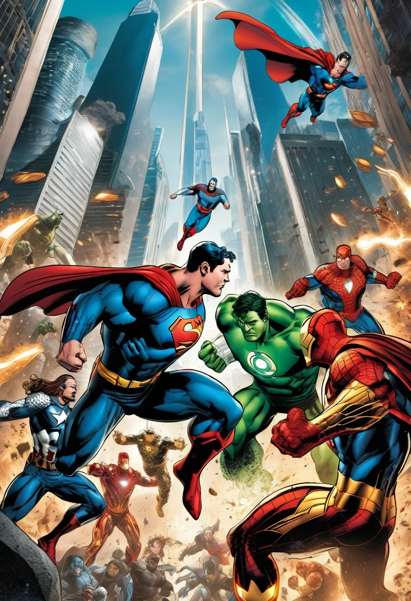 Create a dynamic and action-packed scene depicting an epic clash between the iconic superheroes of the Marvel and DC universes. Capture the intensity and power of their confrontation as they unleash their extraordinary abilities against one another.
Visual Elements:
Setting: A grand, futuristic cityscape serves as the backdrop for this epic battle. Towering skyscrapers and gleaming metallic structures provide a dramatic backdrop for the clashing heroes.
Characters:
Marvel Heroes: Iron Man, Captain America, Thor, Hulk, Spider-Man, Black Widow, and more.
DC Heroes: Superman, Batman, Wonder Woman, Green Lantern, Flash, Aquaman, and more.