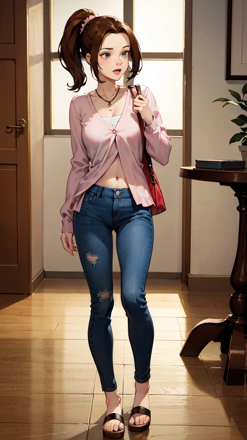 ((Full body photo, standing, on the floor)) KittyPryde_Dress_ownwaifu, chinese indoor shoes,1girl, brown hair, ponytail, necklace, jewelry, blue eyes,  lipstick,long sleeves, lips, long hair, medium breasts, blush, hair bun, scrunchie, makeup, red lips, hair ornament, jeans, denim,  shirt, blue pants, navel, capri pants, pink jacket, cardigan,  absurdres, ultra detailed, masterpiece, best quality, aesthetic, detailed,