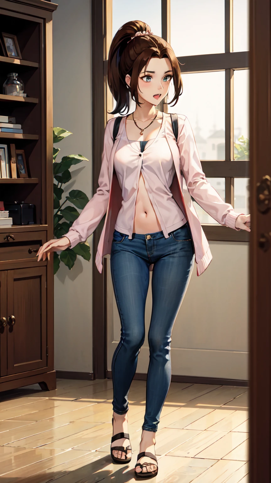 ((Full body photo, standing, on the floor)) KittyPryde_Dress_ownwaifu, chinese indoor shoes,1girl, brown hair, ponytail, necklace, jewelry, blue eyes,  lipstick,long sleeves, lips, long hair, medium breasts, blush, hair bun, scrunchie, makeup, red lips, hair ornament, jeans, denim,  shirt, blue pants, navel, capri pants, pink jacket, cardigan,  absurdres, ultra detailed, masterpiece, best quality, aesthetic, detailed,