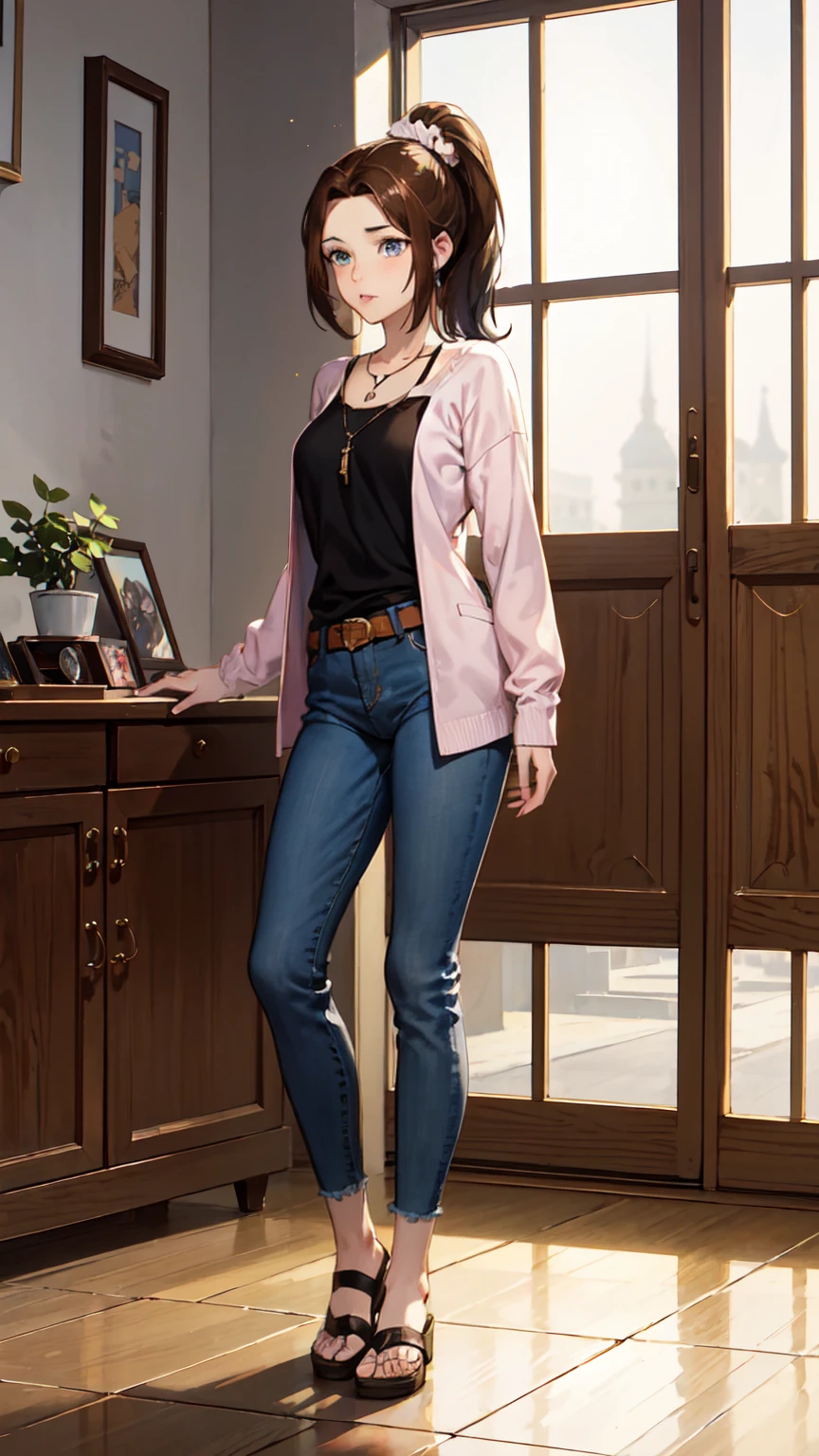 ((Full body photo, standing, on the floor)) KittyPryde_Dress_ownwaifu, chinese indoor shoes,1girl, brown hair, ponytail, necklace, jewelry, blue eyes,  lipstick,long sleeves, lips, long hair, medium breasts, blush, hair bun, scrunchie, makeup, red lips, hair ornament, jeans, denim,  shirt, blue pants, navel, capri pants, pink jacket, cardigan,  absurdres, ultra detailed, masterpiece, best quality, aesthetic, detailed,