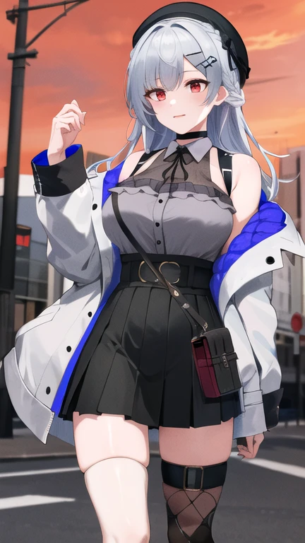 masterpiece, best quality, highres, hmhy1, hat, beret, braid, hairclip, large breasts, black choker, grey shirt, sleeveless shirt, white jacket, open jacket, long sleeves, black skirt, fishnets, thigh strap, single thighhigh, standing, cowboy shot, outdoors