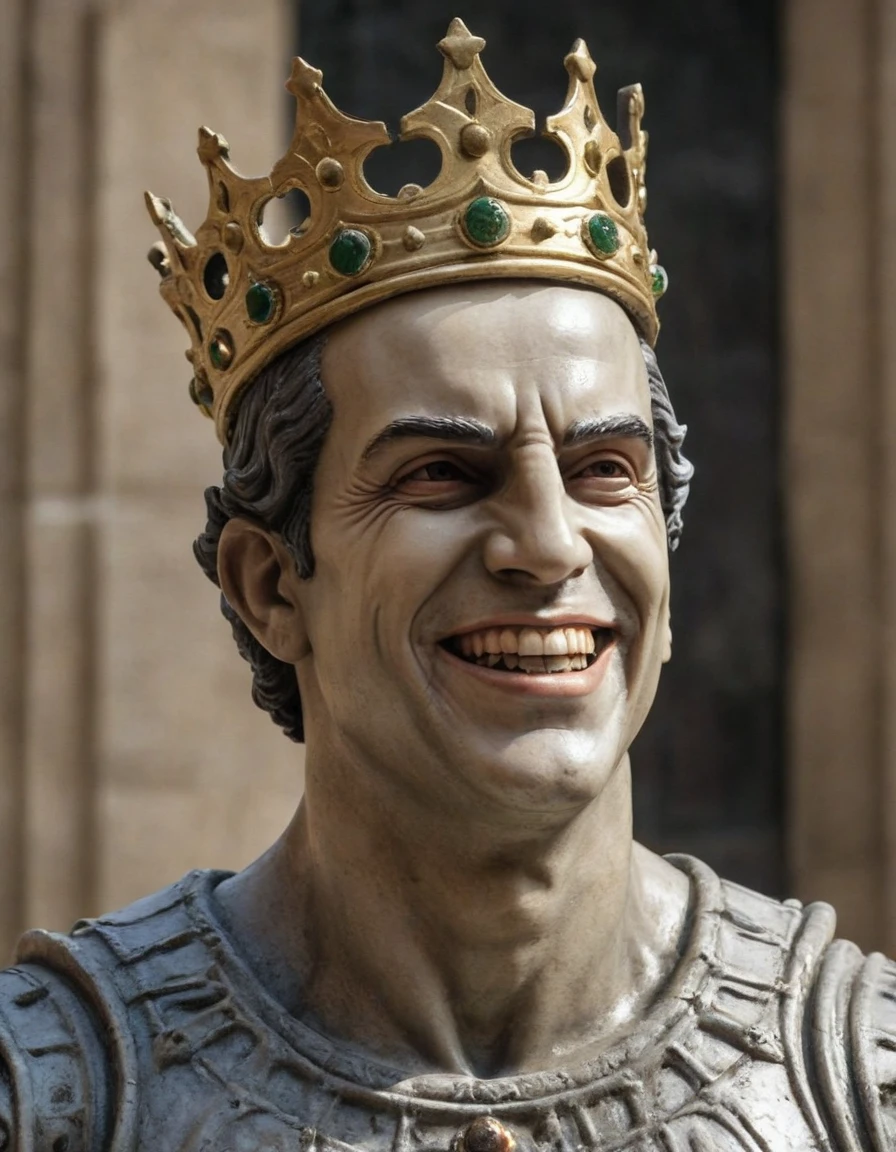 a closeup of a statue of a man with a crown on his head, evil villain smile, sorriso maligno, retrato do deus da morte, Photo realista, kinematics, realista, detalhado, stone statue, rocha, textura de pedra