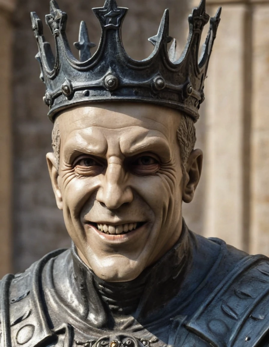 a closeup of a statue of a man with a crown on his head, evil villain smile, sorriso maligno, retrato do deus da morte, Photo realista, kinematics, realista, detalhado, stone statue, rocha, textura de pedra