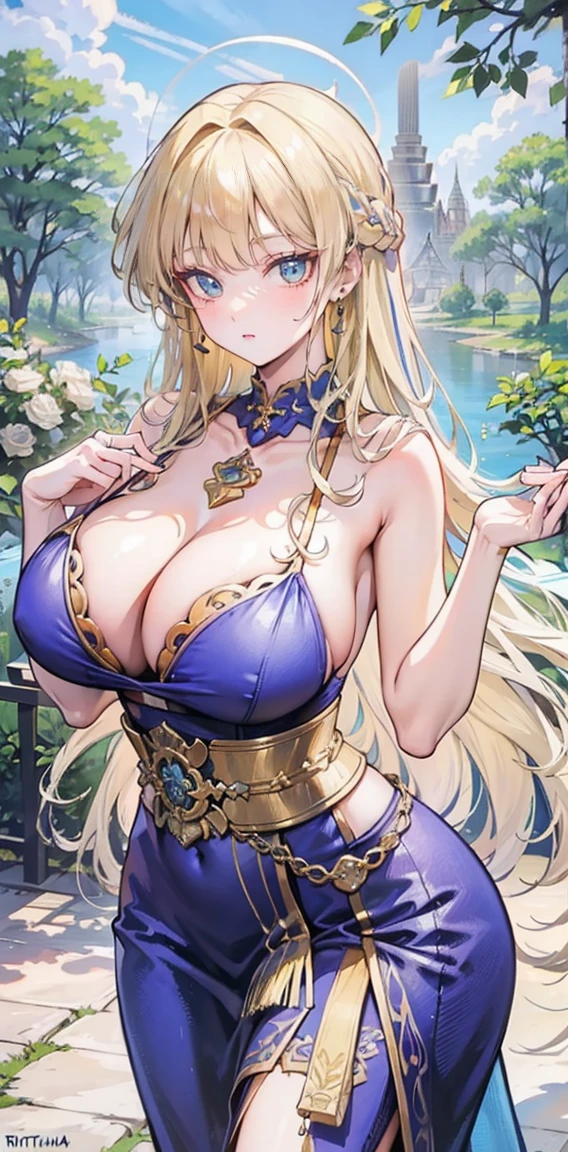 beautiful woman,folk girl,long, blonde hair , blue eyes , braid ,Purple Thai dress,กระโปรงไทยโบราณlong,holding a jasmine garland,countryside,countryside,beautiful scenery,Ayutthaya historical site,smile with teeth,forehead,forehead exposed,big ,rift, ,(2 young women ,beautiful woman),หน้าอกbig,Show your breasts,The cracks are clear....,((หัวนมbig)),(pubic bone), rift, visible chest,seductive pose,(Thai Dance,dance)