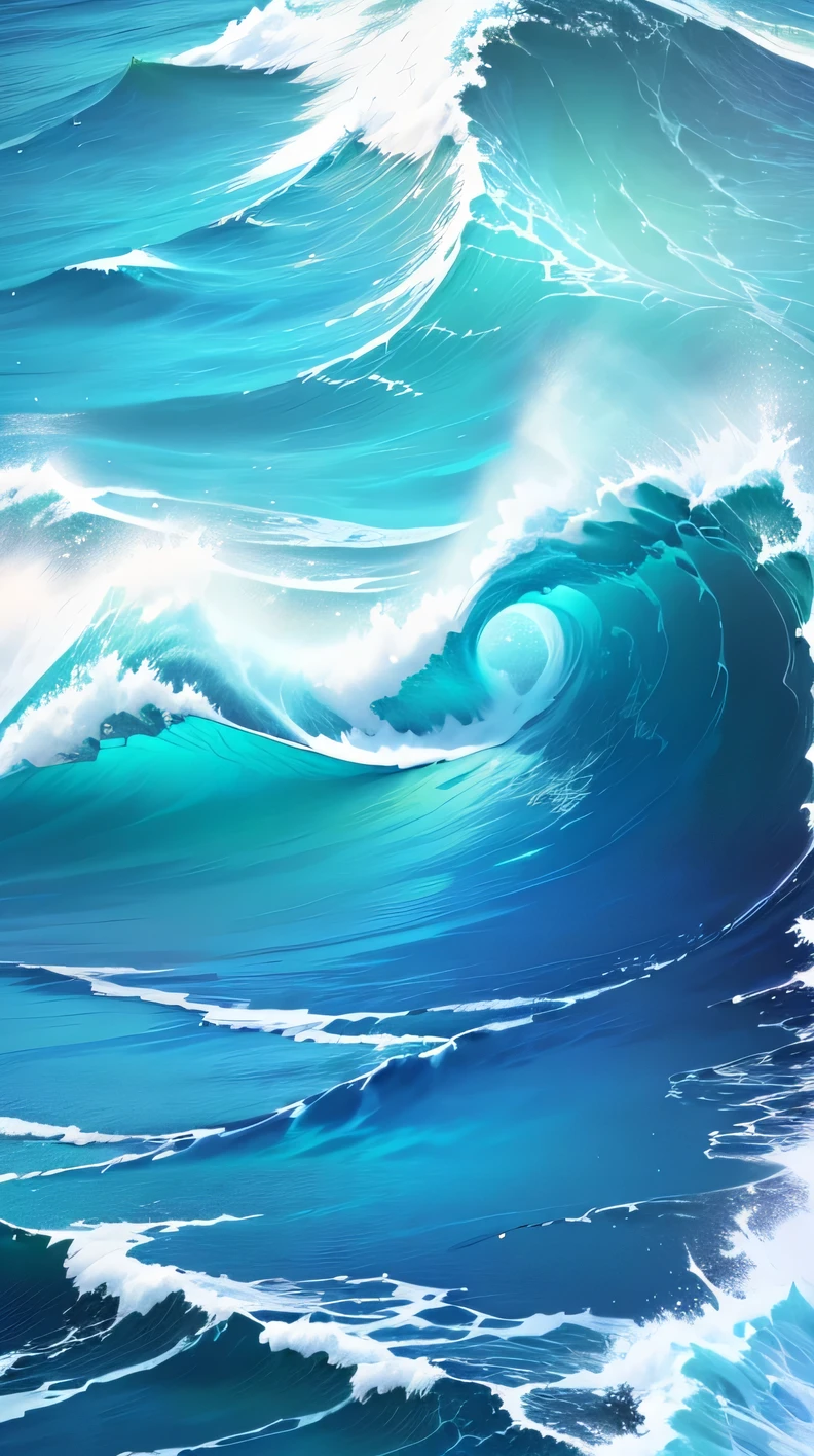 There is a painting，The painting shows waves and palm trees, Wallpaper Anime Blue Water, Blue water waves, wild Ocean background, Ocean background, Blue Waves, A beautiful artistic illustration, 4k hd illustration wallpaper, 4k hd wallpaper illustration, Waves, Wavess, Detailed sea, Beautiful Ocean, Amazing wallpapers, Blue Ocean, Waves