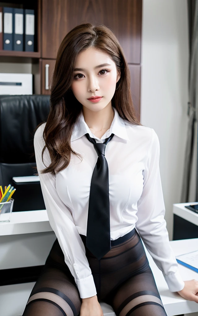 ((Best quality, 8k, Masterpiece :1.3)), Whole body:1.3, Sharp focus :1.2, A pretty lady with perfect figure :1.4, Slender abs :1.2, ((Dark brown hair, Big breasts :1.2)), Highly detailed face and skin, Detailed eyes, Double eyelid, ((wearing OL Uniform, Office Wear, white shirt)), exposed cleavage, (Black Pantyhose), Interior Scene, Office