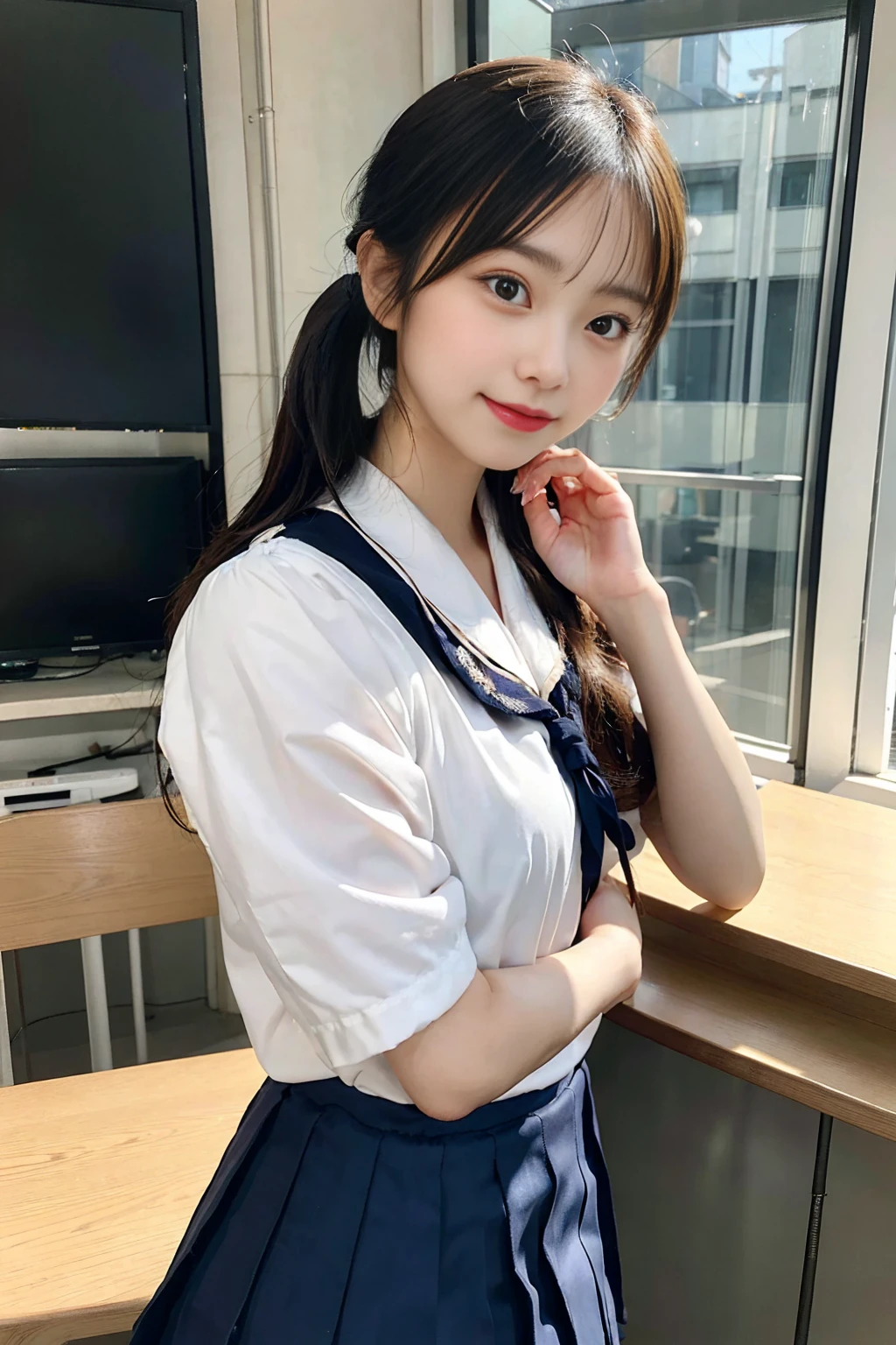 Create an image of a cute Japanese woman with a seductive smile wearing a traditional school uniform。She is wearing a traditional Japanese school uniform consisting of a sailor top and pleated skirt.、like々It emphasizes the beauty and charm of。The hair is neatly styled、Should I wear a side ponytail?、It is lowered with a natural shine.。The background is a softly blurred classroom、The warm lighting really brings out her features.。The makeup is subtle but perfect、Particular emphasis is placed on the eyes and lips to bring out her charm.。Confident、She has a slightly playful look on her face.、It exudes charm and vibrancy。It fits her body perfectly、While still maintaining a classic and attractive schoolgirl look.、Make sure it complements her style。
