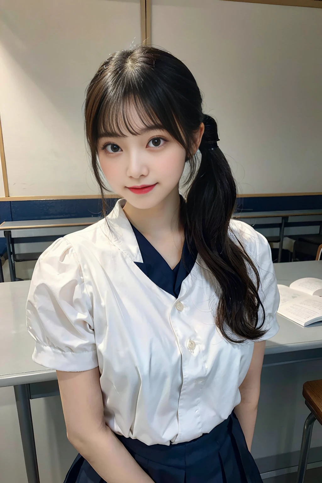 Create an image of a cute Japanese woman with a seductive smile wearing a traditional school uniform。She is wearing a traditional Japanese school uniform consisting of a sailor top and pleated skirt.、like々It emphasizes the beauty and charm of。The hair is neatly styled、Should I wear a side ponytail?、It is lowered with a natural shine.。The background is a softly blurred classroom、The warm lighting really brings out her features.。The makeup is subtle but perfect、Particular emphasis is placed on the eyes and lips to bring out her charm.。Confident、She has a slightly playful look on her face.、It exudes charm and vibrancy。It fits her body perfectly、While still maintaining a classic and attractive schoolgirl look.、Make sure it complements her style。