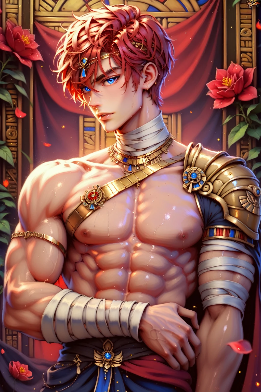 absurdities, High resolution, ultra detailed, HdR, masterpiece, Extremely detailed face and eyes, Red hair, disheveled, bushy eyebrows, White skin, serious, expressive blue eyes, detailed eyes, LOOKING AT THE SPECTATOR, 1 man, 30 year old man, Red hair, rasgos masculines, elegant, magical clothes with golden details, masculine, sorcery clothing, coffee shirt, fitted shirt, coffee tones clothing, egyptian theme, Complete plan