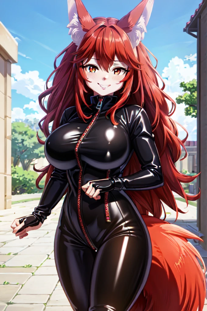 (extremely detailed CG unity 4k wallpaper),(masterpiece),(best quality),(ultra-detailed),(best illustration),(best shadow),(absurdres),(detailed background), Flay, 1girl, animal ears, solo, breasts, tail, long hair, zipper, bodysuit, large breasts, fox ears, red eyes, looking at viewer, fox tail, latex, multicolored hair, black bodysuit, latex bodysuit, hair between eyes, smile, animal ear fluff, red hair, skin tight, blush, cowboy shot, bangs, outdoors, gradient hair, full-length zipper, standing, closed mouth, zipper pull tab