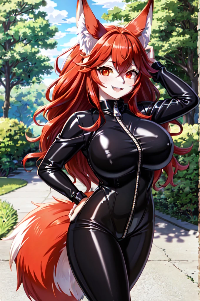 (extremely detailed CG unity 4k wallpaper),(masterpiece),(best quality),(ultra-detailed),(best illustration),(best shadow),(absurdres),(detailed background), Flay, 1girl, animal ears, solo, breasts, tail, long hair, zipper, bodysuit, large breasts, fox ears, red eyes, looking at viewer, fox tail, latex, multicolored hair, black bodysuit, latex bodysuit, hair between eyes, smile, animal ear fluff, red hair, skin tight, blush, cowboy shot, bangs, outdoors, gradient hair, full-length zipper, standing, closed mouth, zipper pull tab