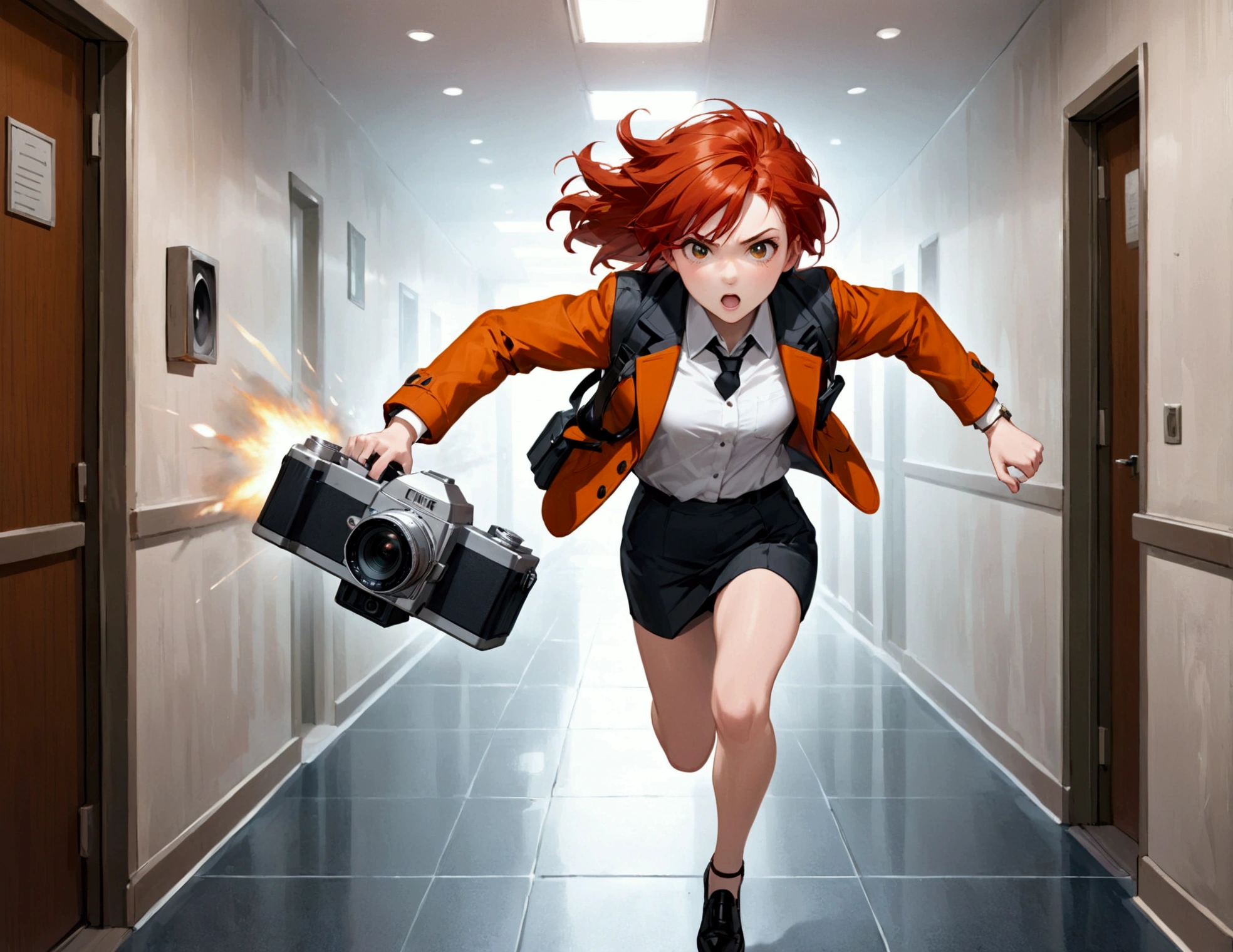 Young woman dressed in jacket and formal attire, film camera, white, shorth hair, Red-Haired, orange jacket, sprinting, gunfire, being chased, persecution, building, corridor