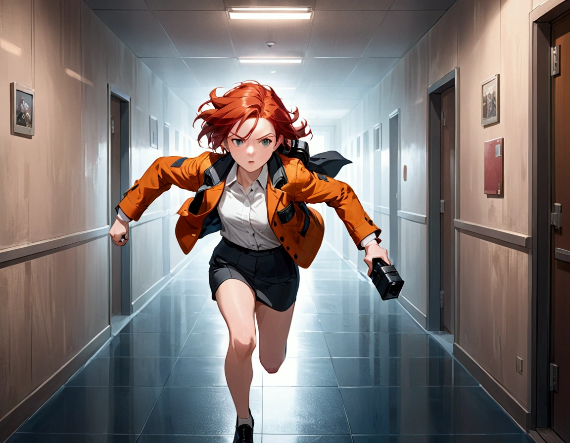 Young woman dressed in jacket and formal attire, film camera, white, shorth hair, Red-Haired, orange jacket, sprinting, gunfire, being chased, persecution, building, corridor