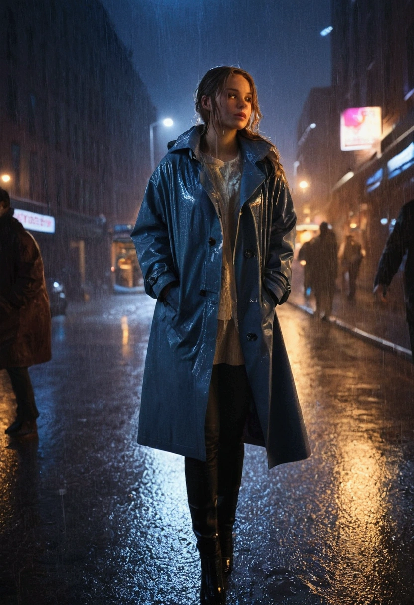 1girl,night city,rain,coat,hands in pockets