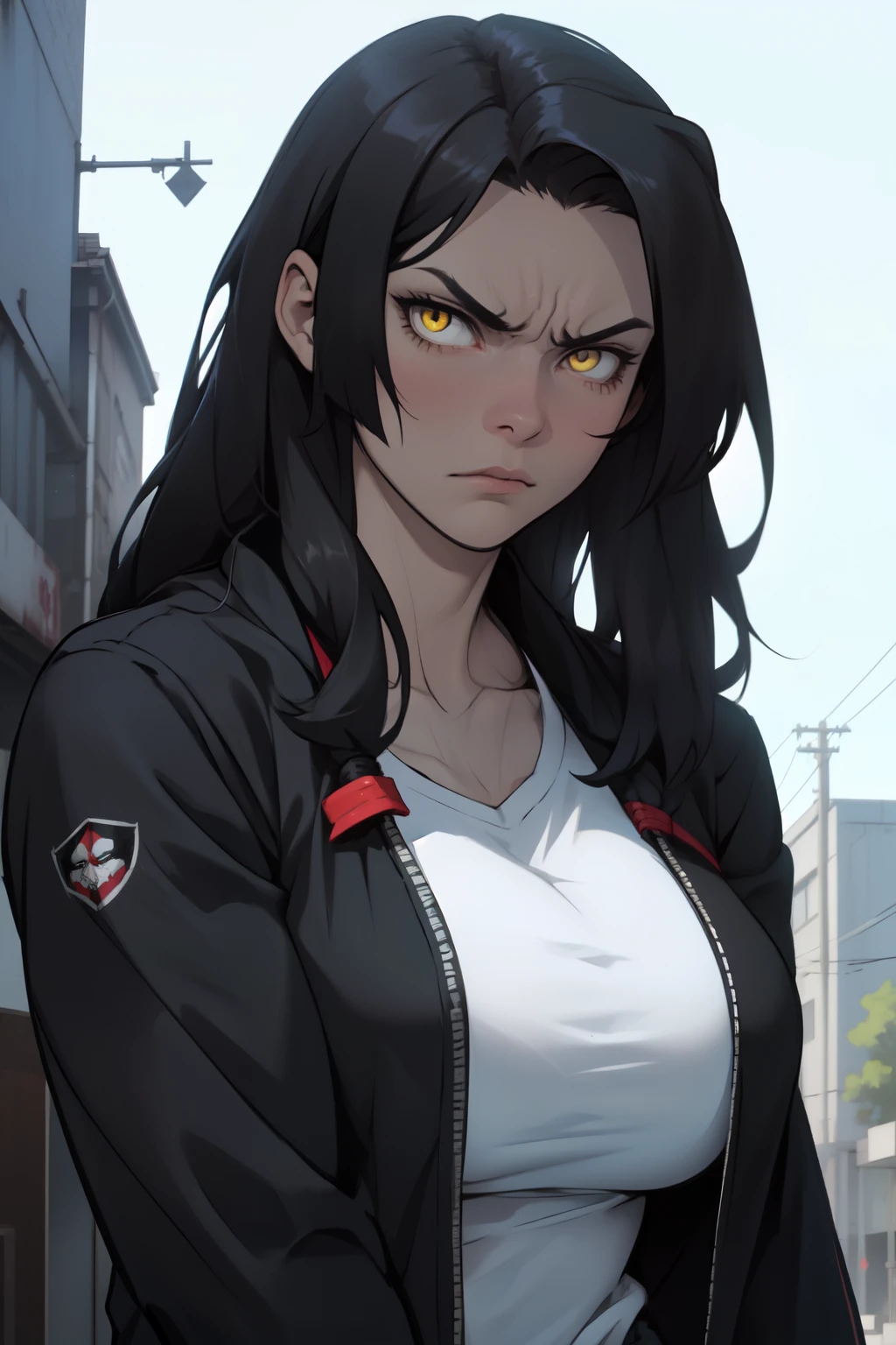giant muscles huge breasts massive hair pale skin black hair yellow eyes long straight hair angry sad sad girl sad