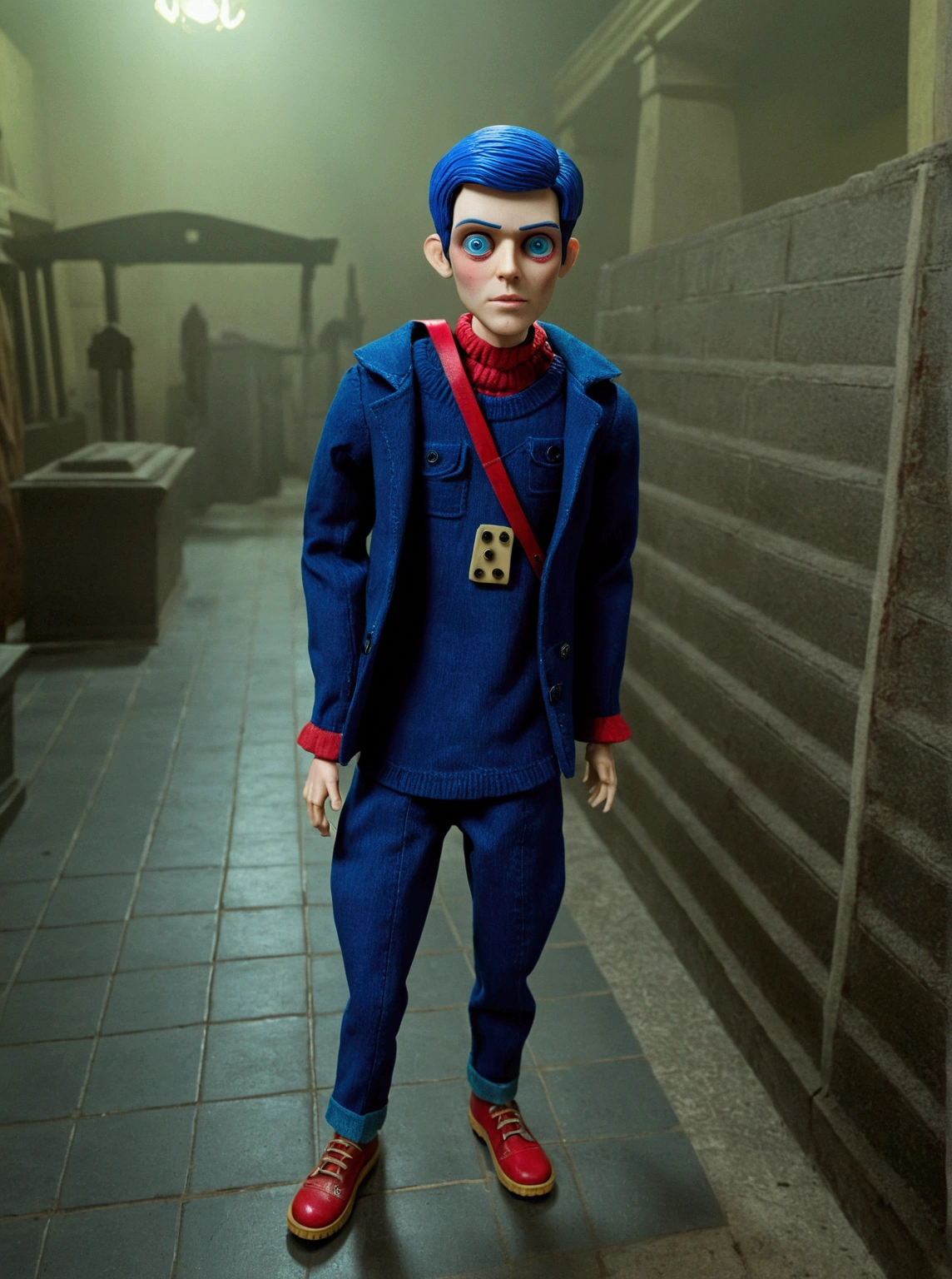 Male doll based on the Coraline movie. He's in a horror movie, cemetery, It has buttons on its eyes like Coraline, There is a post with blue and red neon lights, horor, Mystery, fear,
