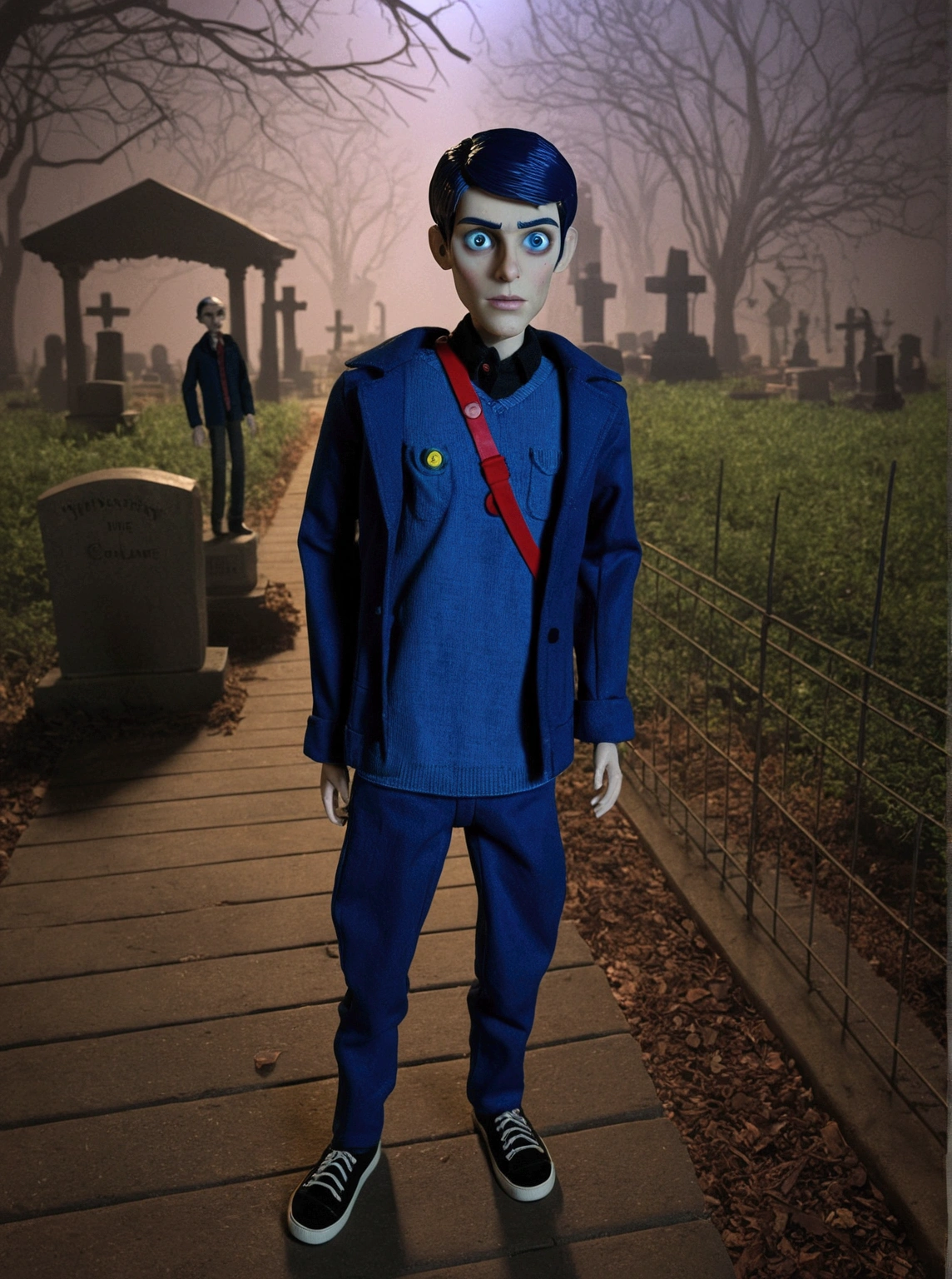Male doll based on the Coraline movie. He's in a horror movie, cemetery, It has buttons on its eyes like Coraline, There is a post with blue and red neon lights, horor, Mystery, fear,