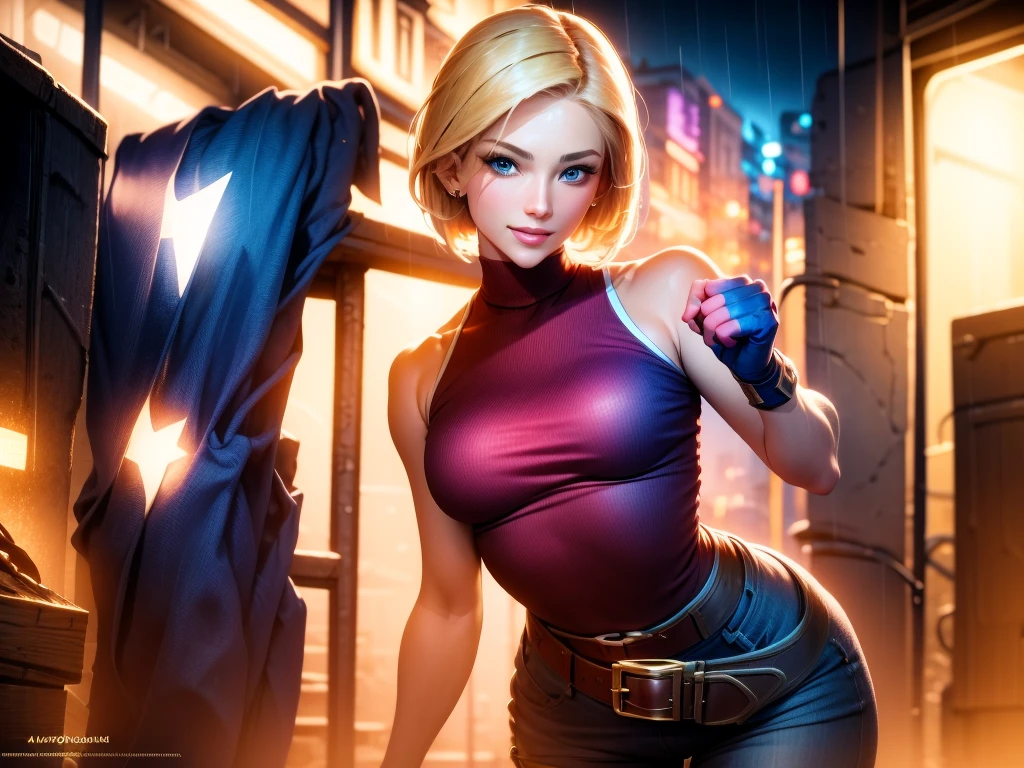 (at night), in a video game scene, a background of a beautiful city at night, raining, alone, standing at attention, red top, blue joggers, blue fingerless gloves, large brown belt hanging from her waist (( blonde hair)), 1 girl, alone, 20 years old, young woman, perfect hands, beautiful fingers, beautiful long legs, beautiful body, beautiful nose, beautiful character design, perfect face, looking at viewer with serious gesture (focusing on his face), closed mouth, Light_Smile, official art, extremely detailed CG unity 8k wallpaper, perfect lighting, bright and colorful front lighting, glowing skin (masterpiece: 1.0), (best_quality: 1.0), ultra high resolution, 4K, ultra detailed photography, 8K, HDR, high resolution, absurd:1.2, Kodak portra 400, film grain, blurred background, bokeh:1.2, lens flare, (vibrant_color:1.2), professional photography, (Beautiful, breasts: 1.4), (beautiful_face: 1.5), (narrow waist),