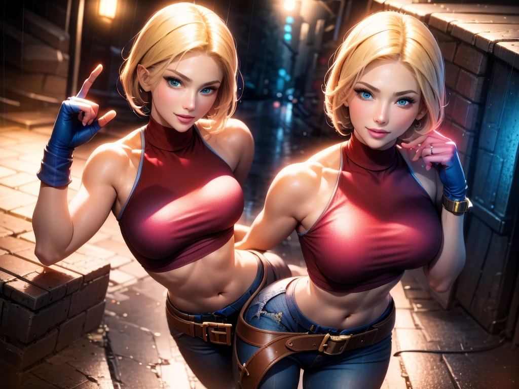(at night), in a video game scene, a background of a beautiful city at night, raining, alone, standing at attention, red top, blue joggers, blue fingerless gloves, large brown belt hanging from her waist (( blonde hair)), 1 girl, alone, 20 years old, young woman, perfect hands, beautiful fingers, beautiful long legs, beautiful body, beautiful nose, beautiful character design, perfect face, looking at viewer with serious gesture (focusing on his face), closed mouth, Light_Smile, official art, extremely detailed CG unity 8k wallpaper, perfect lighting, bright and colorful front lighting, glowing skin (masterpiece: 1.0), (best_quality: 1.0), ultra high resolution, 4K, ultra detailed photography, 8K, HDR, high resolution, absurd:1.2, Kodak portra 400, film grain, blurred background, bokeh:1.2, lens flare, (vibrant_color:1.2), professional photography, (Beautiful, breasts: 1.4), (beautiful_face: 1.5), (narrow waist),