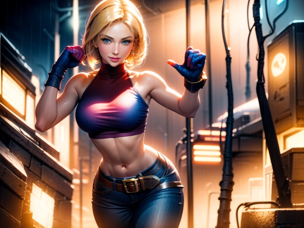 (at night), in a video game scene, a background of a beautiful city at night, raining, alone, standing at attention, red top, blue joggers, blue fingerless gloves, large brown belt hanging from her waist (( blonde hair)), 1 girl, alone, 20 years old, young woman, perfect hands, beautiful fingers, beautiful long legs, beautiful body, beautiful nose, beautiful character design, perfect face, looking at viewer with serious gesture (focusing on his face), closed mouth, Light_Smile, official art, extremely detailed CG unity 8k wallpaper, perfect lighting, bright and colorful front lighting, glowing skin (masterpiece: 1.0), (best_quality: 1.0), ultra high resolution, 4K, ultra detailed photography, 8K, HDR, high resolution, absurd:1.2, Kodak portra 400, film grain, blurred background, bokeh:1.2, lens flare, (vibrant_color:1.2), professional photography, (Beautiful, breasts: 1.4), (beautiful_face: 1.5), (narrow waist),
