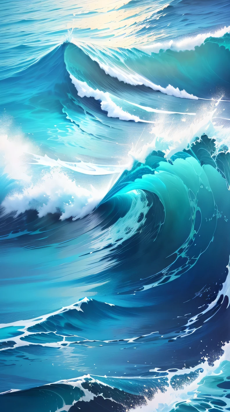 There is a painting,The painting shows waves and palm trees, Wallpaper Anime Blue Water, Blue water waves, wild Ocean background, Ocean background, Blue Waves, A beautiful artistic illustration, 4k hd illustration wallpaper, 4k hd wallpaper illustration, Waves, Wavess, Detailed sea, Beautiful Ocean, Amazing wallpapers, Blue Ocean, Waves