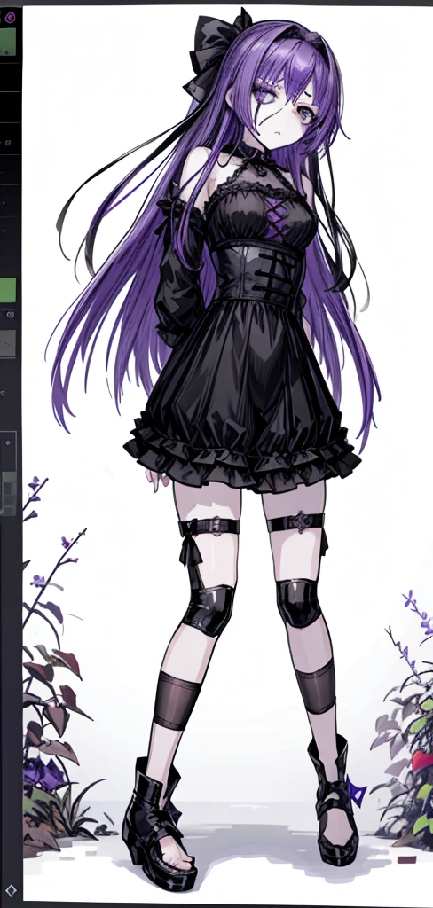 1girl, violet hair,garden alchemist dress ,pale skin,(high resolution, high detail, best quality),
black eye patch, serious, flat-chested, headband, black flowers