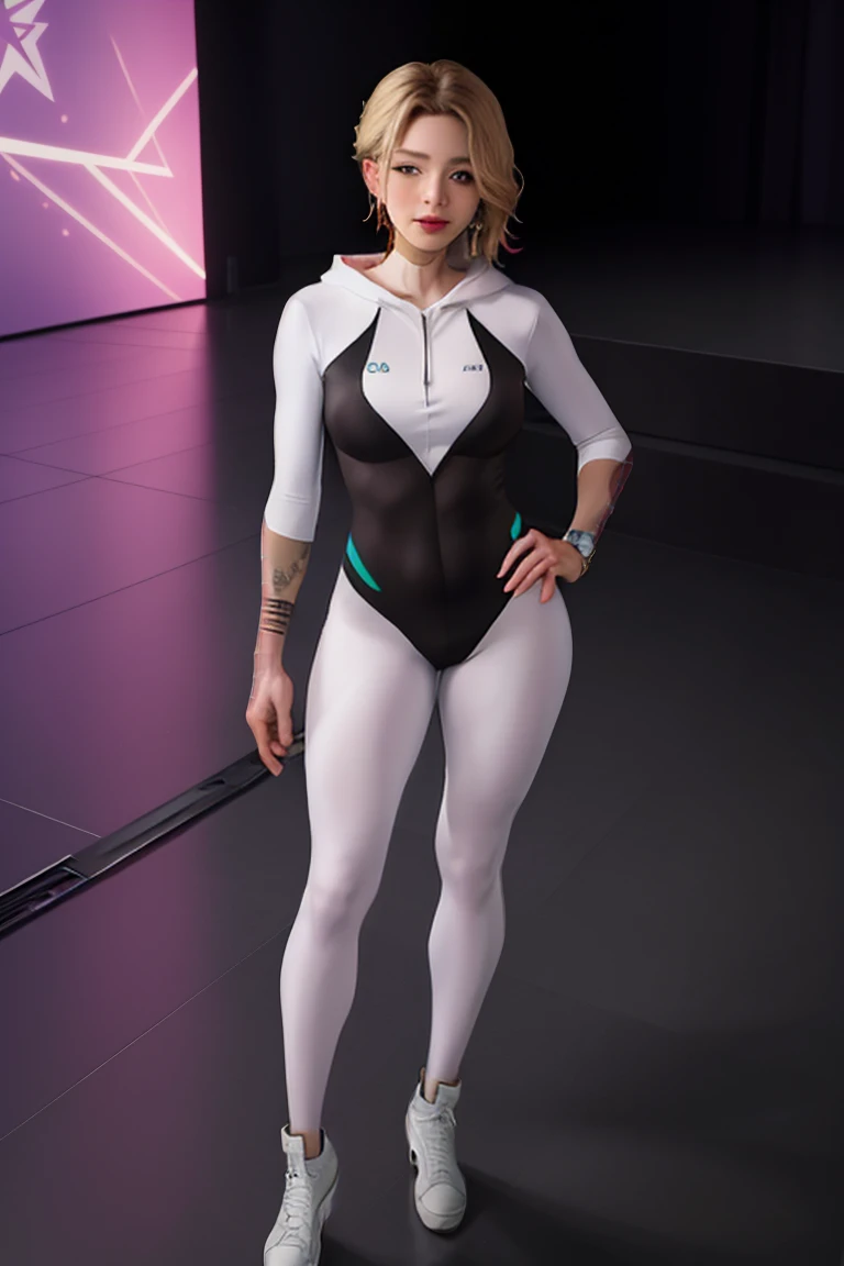 ((Full body photo, standing, on the floor)) 8k,highres,absurdres,masterpiece,best quality,original,extremely detailed CG,extremely detailed wallpaper,perfect lighting,1girl,solo,blurry_background,looking_at_viewer,standing on the stage,
 Costum_AcrossSpiderVerse_GwenStacy_ownwaifu,blonde hair,short hair,blue eyes,eyebrow piercing,lips,freckles,blush,hair over one eye,multicolored hair,asymmetrical hair,two-tone hair,undercut,breasts,medium breasts,toned,makeup,red lips,mask removed,no mask,hooded bodysuit,spider web print,silk,white bodysuit,skin tight,superhero,animification,covered navel,