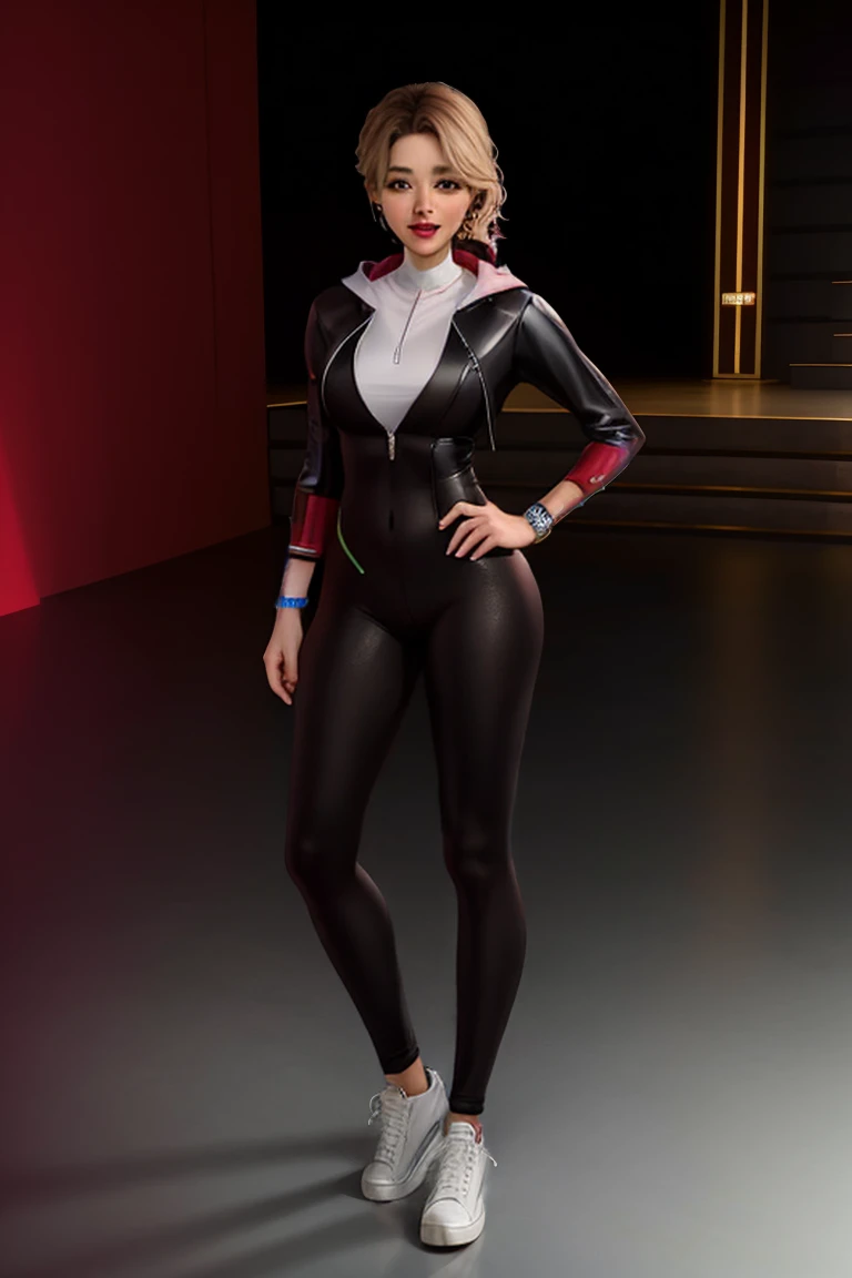 ((Full body photo, standing, on the floor)) 8k,highres,absurdres,masterpiece,best quality,original,extremely detailed CG,extremely detailed wallpaper,perfect lighting,1girl,solo,blurry_background,looking_at_viewer,standing on the stage,
 Costum_AcrossSpiderVerse_GwenStacy_ownwaifu,blonde hair,short hair,blue eyes,eyebrow piercing,lips,freckles,blush,hair over one eye,multicolored hair,asymmetrical hair,two-tone hair,undercut,breasts,medium breasts,toned,makeup,red lips,mask removed,no mask,hooded bodysuit,spider web print,silk,white bodysuit,skin tight,superhero,animification,covered navel,