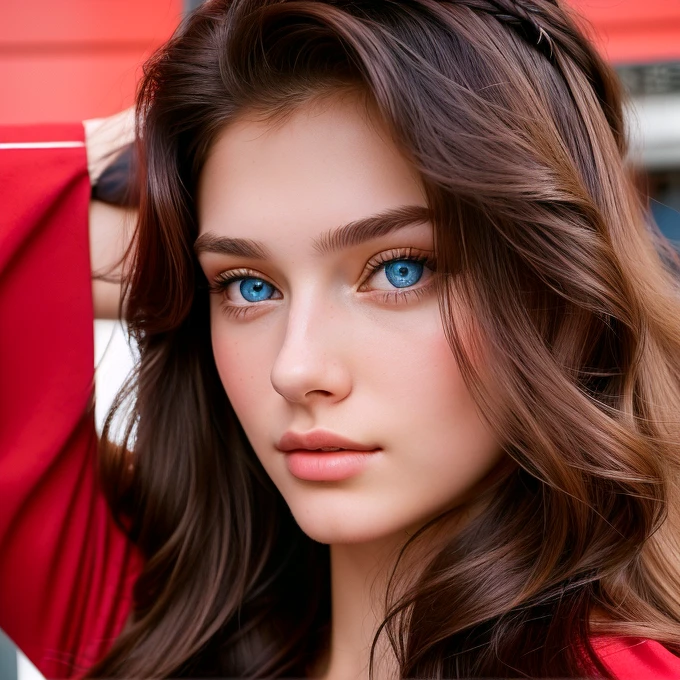 Gorgeous woman with long hair and a red shirt taking a selfie, around 1 9 years old, 18 years old, profile image, blue symmetric eyes 17 years old, anastasia ovchinnikova, headshot profile picture, 19-year-old girl,selfie of a young woman
