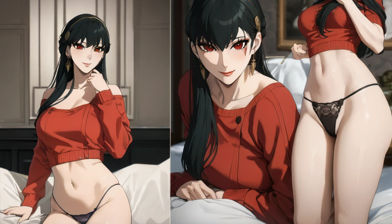 ((ultra quality)), ((work of art)), ((8k)), ((yor)), murderer,((Kizi)), alone, ((Bblack hair)), (beautiful face), enchanting, ((happy facial expression)), looks at the camera with a slight smile, (white skin color), (Caucasian skin), body shine, ((beautiful detailed female eyes)), ((Eyes red)), (beautiful female lips), (dark eyeliner), (beautiful female hands), ((ideal female figure)), ideal female body, beautiful waist, beautiful hips, medium breasts, (cloth: red sweater, ((high thong panties), ((subtle and beautiful)), standing, lies sedately, ((Depth of field)), ((high quality clear image)), (clear details), ((high détail)), realistically, ((Focus Clear)),cute, アニメ.