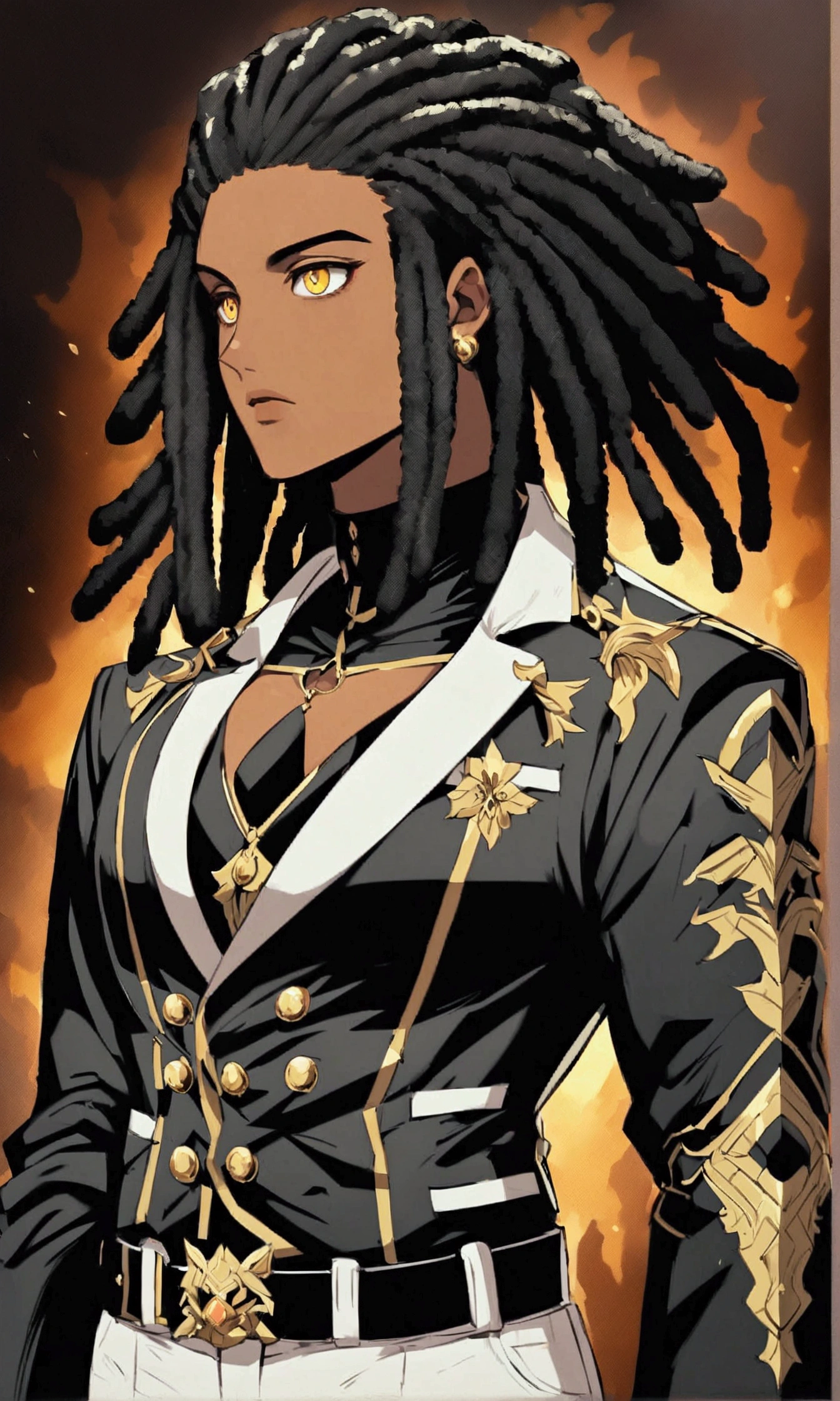 Dark-skinned young man, yellow eyes and black jacket, Dreadlocks azul claro, estilo de cabelo dreadlock, not anime style, colourful drawing, unrealistic character concept, Portrait of my character concept, detailed portrait of the character, anime style character, anime style portrait, a character portrait, cel - shaded art style, His outfit consists of a black, unbuttoned blazer with gold buttons on the front of the blazer and at the bottom of the sleeves and he wears a white V-neck shirt, White pants, a large black belt with a gold buckle, a smaller black belt hanging from the side of the hip, and is wearing beige shoes with black buckles, inspirado por King of Fighte