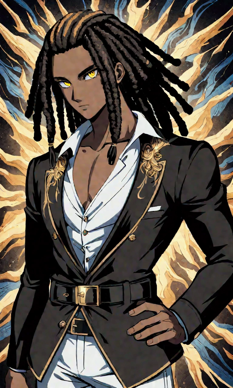 Dark-skinned young man, yellow eyes and black jacket, Dreadlocks azul claro, estilo de cabelo dreadlock, not anime style, colourful drawing, unrealistic character concept, Portrait of my character concept, detailed portrait of the character, anime style character, anime style portrait, a character portrait, cel - shaded art style, His outfit consists of a black, unbuttoned blazer with gold buttons on the front of the blazer and at the bottom of the sleeves and he wears a white V-neck shirt, White pants, a large black belt with a gold buckle, a smaller black belt hanging from the side of the hip, and is wearing beige shoes with black buckles, inspirado por King of Fighte