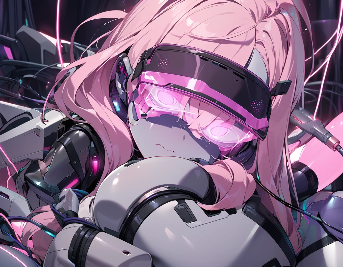 android girl(metallic skin, use eye visor, filtered eyes, cyber joint, orgasm), pink light, cable, cable sex,