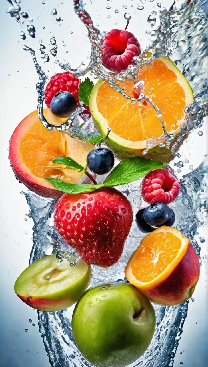 This image depicts a vibrant and dynamic arrangement of various fruits surrounded by splashing water, creating a refreshing and appetizing scene.
The fruits visible include:
- Apples (both red and green)
- Oranges (one appears to be cut in half, showing the juicy interior)
- Strawberries
- Cherries
- What looks like a peach or nectarine
- Possibly some berries (like blueberries or blackberries)
The fruits are clustered together, giving the impression that they're sitting in a clear bowl or on a reflective surface. Around and over the fruits, there's a dramatic splash of clear water, with droplets and streams arcing through the air. This water effect adds a sense of motion and freshness to the image.
The background is pure white, which makes the colorful fruits and the transparent water stand out vividly. Some of the fruits and water droplets are reflecting on the surface below, adding depth to the composition.
This type of image is often used in advertising or food photography to emphasize the freshness and appeal of fruit products or to promote healthy eating. The combination of the ripe, colorful fruits with the dynamic water splash creates an engaging and appetizing visual.