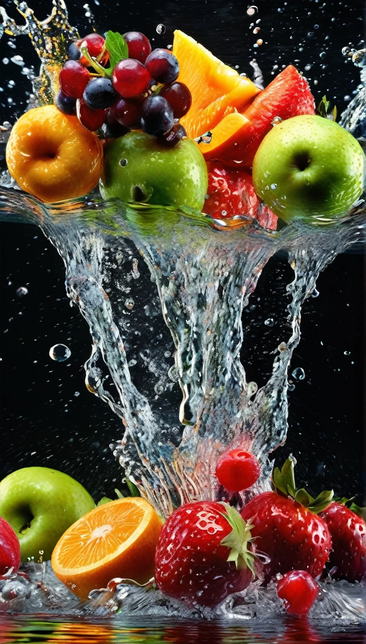 


 This image depicts a vibrant and dynamic arrangement of various fruits surrounded by splashing water, creating a refreshing and appetizing scene.

The fruits visible include:
- Apples (both red and green)
- Oranges (one appears to be cut in half, showing the juicy interior)
- Strawberries
- Cherries
- What looks like a peach or nectarine
- Possibly some berries (like blueberries or blackberries)

The fruits are clustered together, giving the impression that they're sitting in a clear bowl or on a reflective surface. Around and over the fruits, there's a dramatic splash of clear water, with droplets and streams arcing through the air. This water effect adds a sense of motion and freshness to the image.

The background is pure white, which makes the colorful fruits and the transparent water stand out vividly. Some of the fruits and water droplets are reflecting on the surface below, adding depth to the composition.

This type of image is often used in advertising or food photography to emphasize the freshness and appeal of fruit products or to promote healthy eating. The combination of the ripe, colorful fruits with the dynamic water splash creates an engaging and appetizing visual.