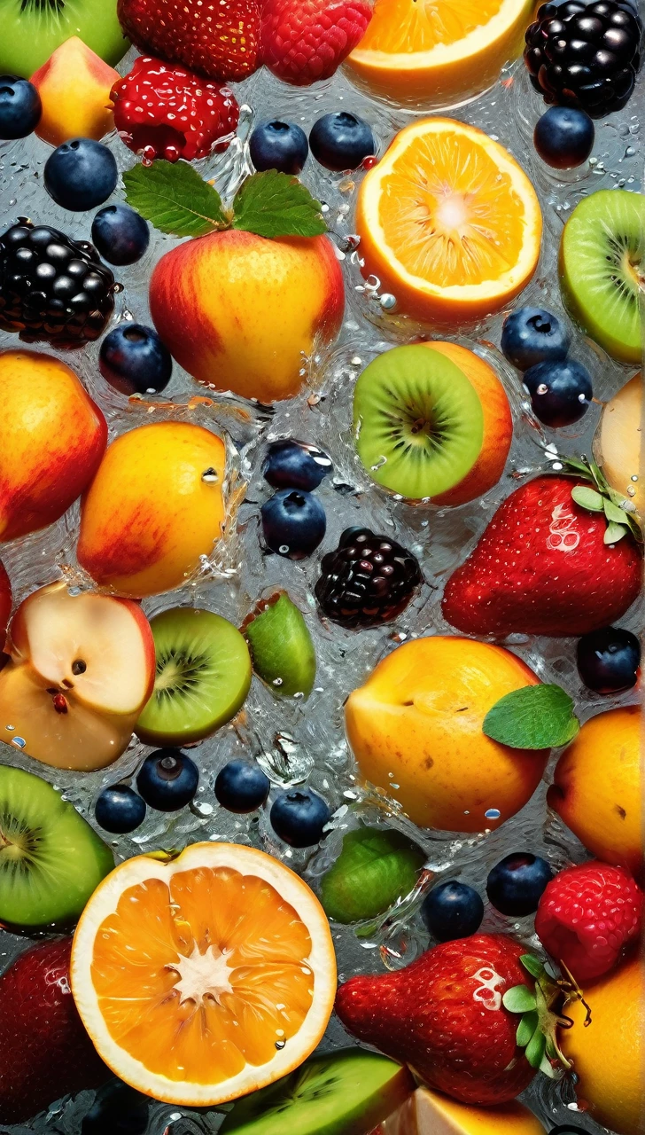 


 This image depicts a vibrant and dynamic arrangement of various fruits surrounded by splashing water, creating a refreshing and appetizing scene.

The fruits visible include:
- Apples (both red and green)
- Oranges (one appears to be cut in half, showing the juicy interior)
- Strawberries
- Cherries
- What looks like a peach or nectarine
- Possibly some berries (like blueberries or blackberries)

The fruits are clustered together, giving the impression that they're sitting in a clear bowl or on a reflective surface. Around and over the fruits, there's a dramatic splash of clear water, with droplets and streams arcing through the air. This water effect adds a sense of motion and freshness to the image.

The background is pure white, which makes the colorful fruits and the transparent water stand out vividly. Some of the fruits and water droplets are reflecting on the surface below, adding depth to the composition.

This type of image is often used in advertising or food photography to emphasize the freshness and appeal of fruit products or to promote healthy eating. The combination of the ripe, colorful fruits with the dynamic water splash creates an engaging and appetizing visual.