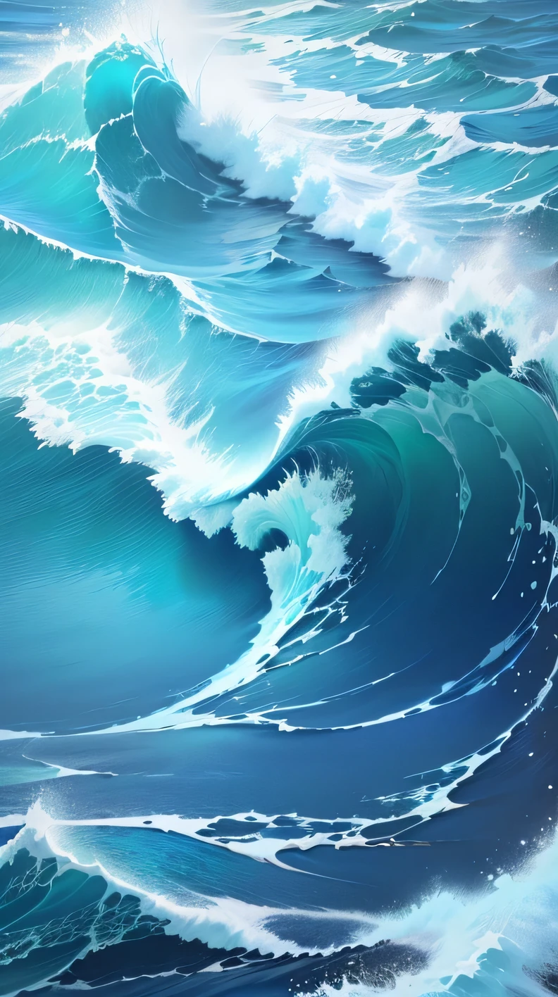 There is a painting,The painting shows waves and palm trees, Wallpaper Anime Blue Water, Blue water waves, wild Ocean background, Ocean background, Blue Waves, A beautiful artistic illustration, 4k hd illustration wallpaper, 4k hd wallpaper illustration, Waves, Wavess, Detailed sea, Beautiful Ocean, Amazing wallpapers, Blue Ocean, Waves