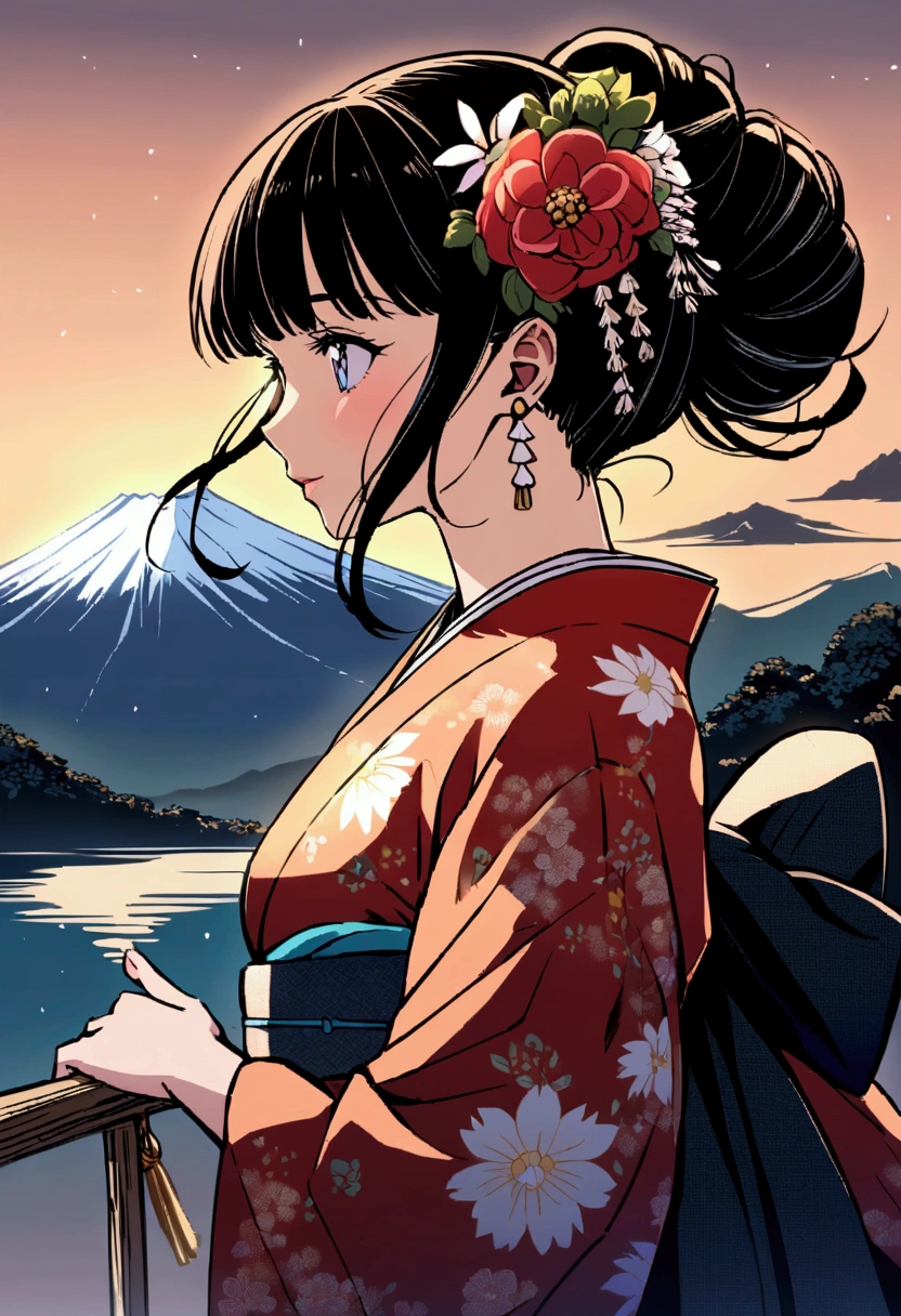 With Mt. Fuji in the background　Girl in floral kimono　Anime Style