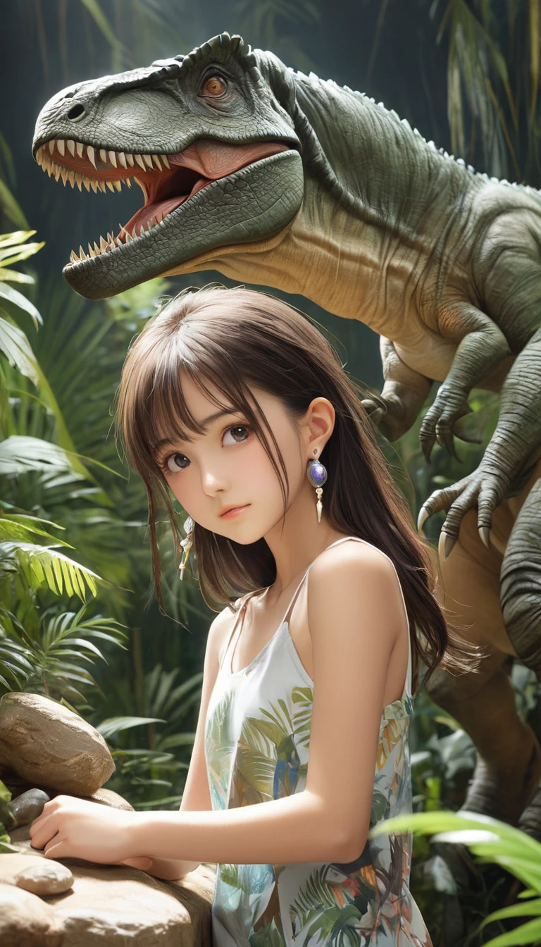 (masterpiece, Highest quality:1.2), One girl, alone,bony body、15 years old、Earrings、Age of the Dinosaurs