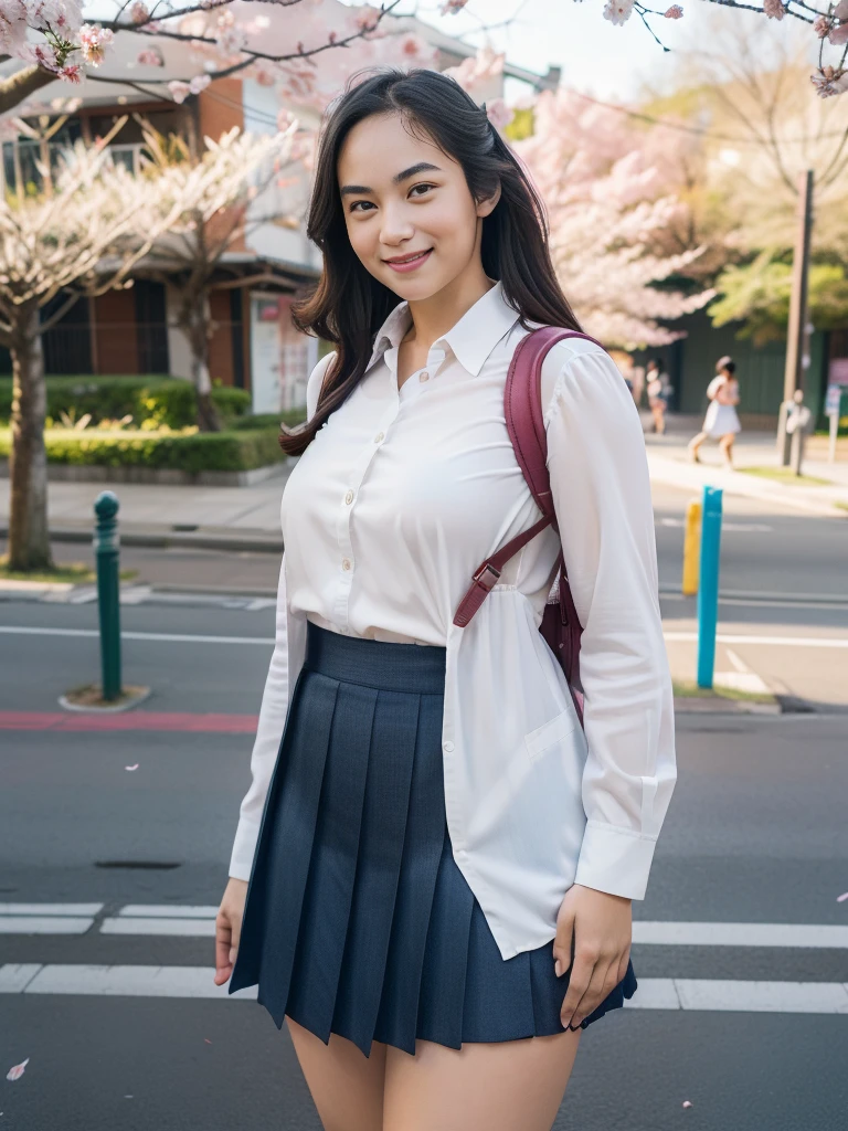 1girl, solo, (Indonesian_high_school_uniform), sitting, cute pose, (ultra wide angle shot: 1.4), beautiful scenery, detailed face, little smile, detailed eyes, thick breasts, slim body, smooth realistic skin, tight white shirt, blue grey short miniskirt, looking at the audience, low angle shot,(8k, RAW photo, best quality, masterpiece: 1.2), (realistic, realistic: 1.37), ultra-high resolution, super detailed, Cherry blossoms falling in the background,In front of a pedestrian crossing,A girl standing upright with her legs shoulder-width apart、Have beautiful eyes,  pleated skirt, RAW photo, 8k, highest quality, ultra high resolution, Beautiful face in every detail, ideal skin, gentle expression, Front view, angle from below, realistic, cute, short skirt, Crouch deep in the city, whole body, smile, collared shirt,put the backpack aside