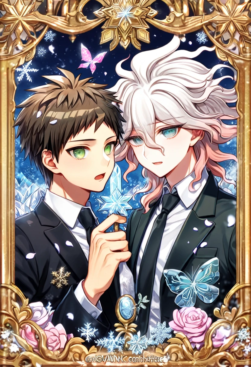 Ultra detailed, HDR, Highres, absurdres, master piece, Hinata Hajime, brown hair, expressive green eyes, Komaeda Nagito, white hair, expressive green-gray eyes, black jacket, white shirt, black necktie, Danganronpa, handsome, ice glittering butterflies, ice, petals, ice pink glass flowers, glittering, fantasy, magical, snowflakes, cold, two sexy man together, gay couple, yaoi, love