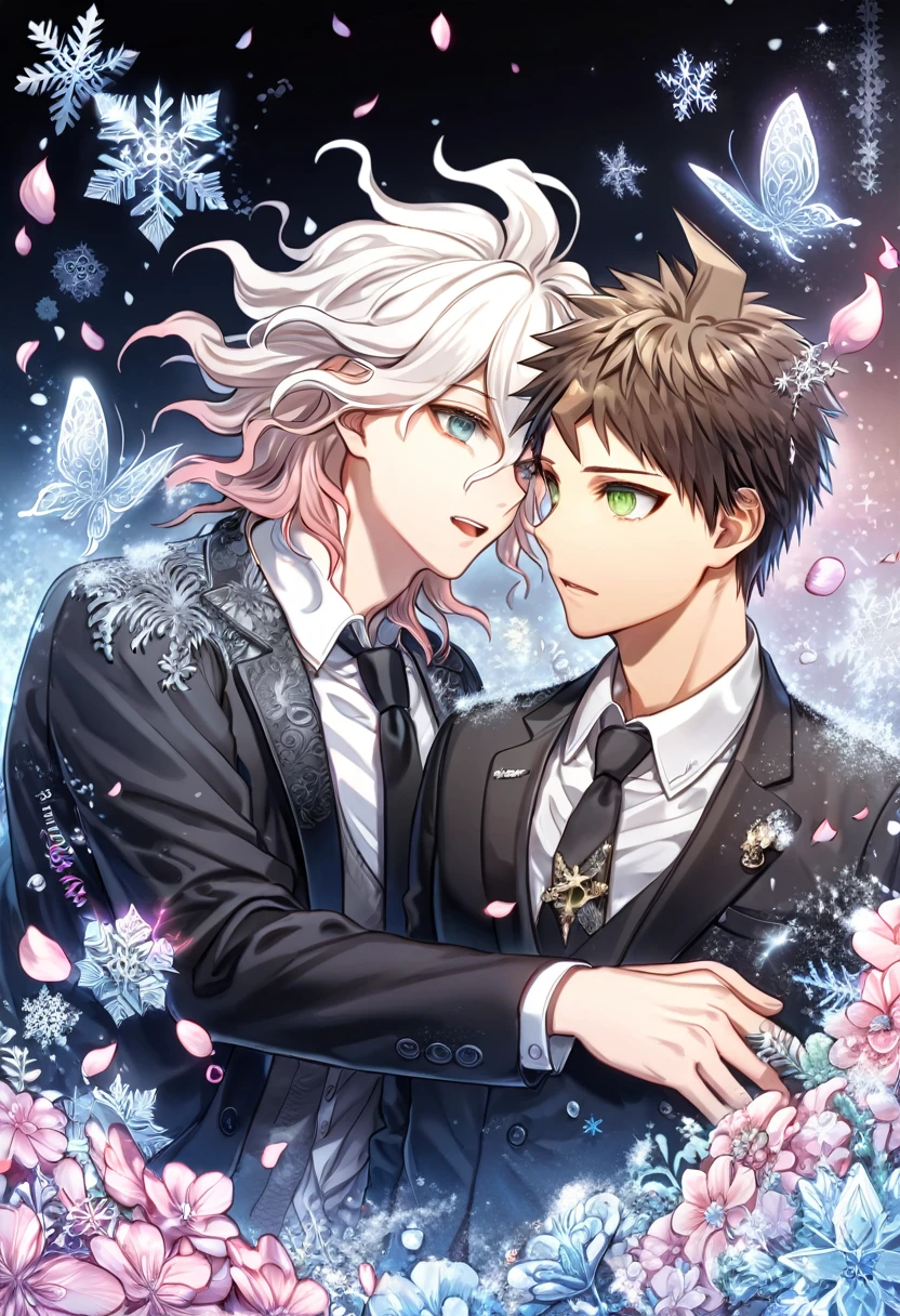 Ultra detailed, HDR, Highres, absurdres, master piece, Hinata Hajime, brown hair, expressive green eyes, Komaeda Nagito, white hair, expressive green-gray eyes, black jacket, white shirt, black necktie, Danganronpa, handsome, ice glittering butterflies, ice, petals, ice pink glass flowers, glittering, fantasy, magical, snowflakes, cold, two sexy man together, gay couple, yaoi, love