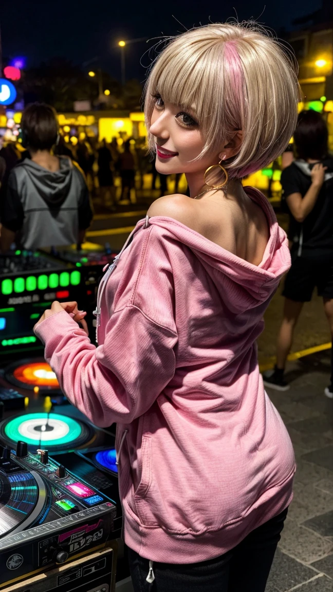 Highest quality, Tabletop, Ultra-high resolution, (Realistic:1.4), (Japanese Idols),RAW Photos, One Girl, night,Detailed skin,nightclub,Disco,(blonde:1.2), (Pink inner hair:1.3),Glossy Lips,smile,21 years old,Beautiful and beautiful eyes,eye shadow,Diamond jewellery,Earrings,Gold Jewelry,(hoodie:1.3),,(Shoulder strengthening:1.2),A well-trained body,(Pixie Cut),Round face,(playing music as a DJ:1.5), (DJ:1.2) Vibrant performances (Music Festival:1.2) and (Lively crowd:1.1) and (Colorful stage lighting:1.1), (Back view:1.5 ),Back view,A slightly distant composition,(back of head)