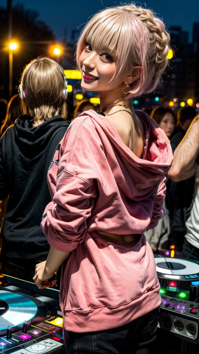 Highest quality, Tabletop, Ultra-high resolution, (Realistic:1.4), (Japanese Idols),RAW Photos, One Girl, night,Detailed skin,nightclub,Disco,(blonde:1.2), (Pink inner hair:1.3),Glossy Lips,smile,21 years old,Beautiful and beautiful eyes,eye shadow,Diamond jewellery,Earrings,Gold Jewelry,(hoodie:1.3),,(Shoulder strengthening:1.2),A well-trained body,(Pixie Cut),Round face,(playing music as a DJ:1.5), (DJ:1.2) Vibrant performances (Music Festival:1.2) and (Lively crowd:1.1) and (Colorful stage lighting:1.1), (Back view:1.5 ),Back view,A slightly distant composition,(back of head)